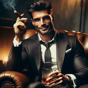 Confident Gentleman in Suit with Cigar and Bourbon | Luxury Lifestyle