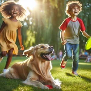 Heartwarming Park Scene with Golden Retriever Fetching Frisbee