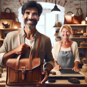 Happy Customer in Artisanal Shop | Quality Leather Bag Purchase