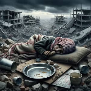 Poignant Scene of Child Amidst Debris in Middle-Eastern Setting