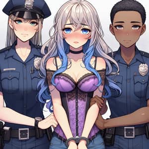 Anime Style Woman Arrested by Police - Blue Hair & Purple Corset