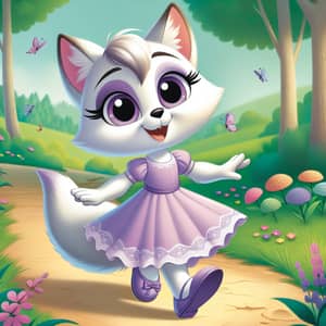 Young White Fox in Purple Dress Walking Through Enchanted Forest