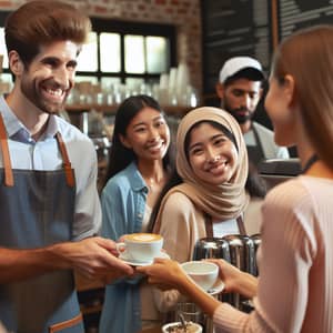 Cafe Interactions: Diverse Customers Engage with Welcoming Staff