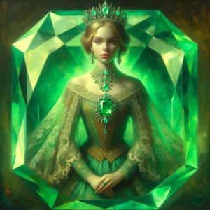 Intricate Oil Painting of Young Female Monarch in a Glowing Emerald