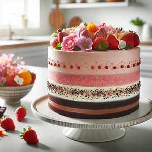 Delicious Three-Layer Cake with Chocolate, Strawberry & Vanilla Flavors