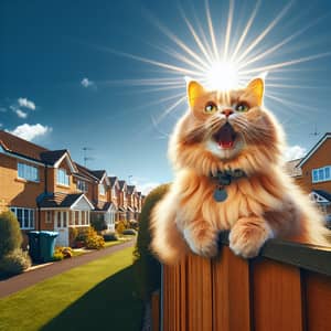 Majestic Orange Cat on Wooden Fence in Suburban Neighborhood