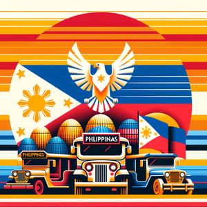 Philippines Digital Art: Eagle, Jeepneys & Banig in Sunset Scene