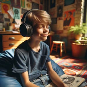Young Boy Immersed in Music | Cozy Room Setting