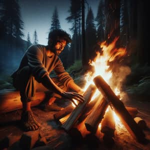 Skilled South Asian Man Tending Fire in Wilderness at Night