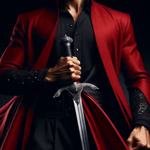 South Asian Man in Black Attire with Vibrant Red Coat and Sword