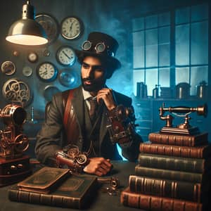 Steampunk Gentleman Among Vintage Books in Forward-Thinking Office