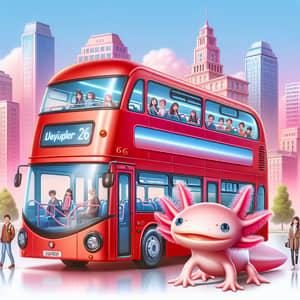 Vibrant Scene: Double Decker Bus Meets Playful Axolotl