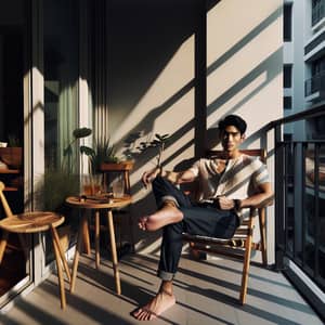 Serene Balcony Scene: Confident Asian Man Enjoying Sunlight