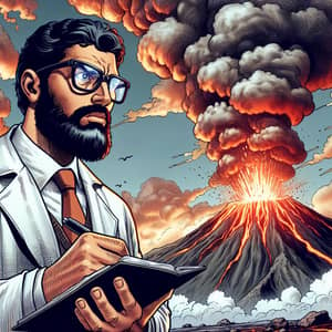 Adventure Comic: Scientist Observing Erupting Volcano