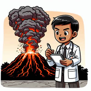 South Asian Male Scientist Studying Erupting Volcano - Science Comic Panel