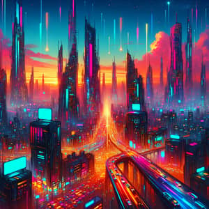 Futuristic Cityscape at Sunset: Neon Skyscrapers and Gravity-Defying Vehicles