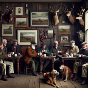 Bear Claw Militia Workshop: Diverse Elderly Men Gather for Coffee