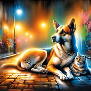 Stray Dog and Cat Urban Street Companionship Art