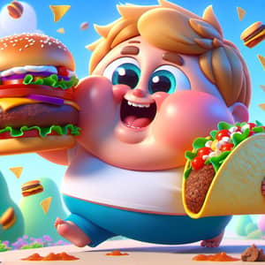 Joyful Obese Disney Kid with Burger and Taco | Colorful Cartoonish Scene