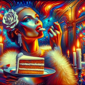 Glamorous Woman enjoying cake in surreal environment | Digital Oil Painting