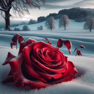 Vibrant Crimson Rose in Winter Wonderland - Floral Still Life