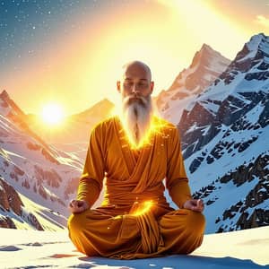 Golden Robed Yogi Floating in Lotus Position in Snowy Mountains