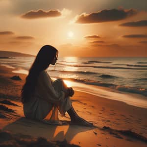 Serenity at Sea: Contemplative Woman by the Sunset Beach
