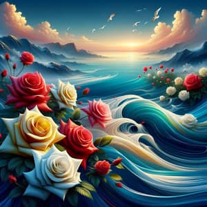 8K Highly-Detailed Image of Red, Yellow, and White Roses on Blue Sea