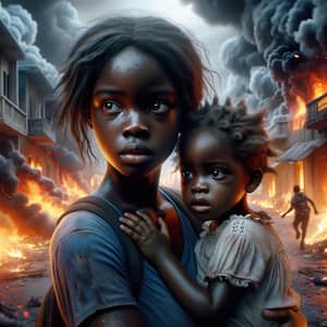 Young Haitian Woman and Child Running in Street Amid City Fire