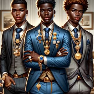 Stylish Black Men Showcasing Success and Prosperity with High-End Fashion and Jewelry
