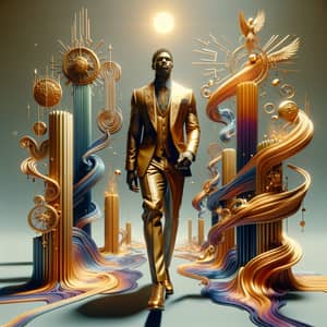 Hyper-Detailed 8K Image: African Man in Stylish Suit Surrounded by Abstract Pillars