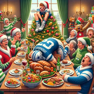 Whimsical Christmas Scene: Festive Foods and Sports Team Match Victory