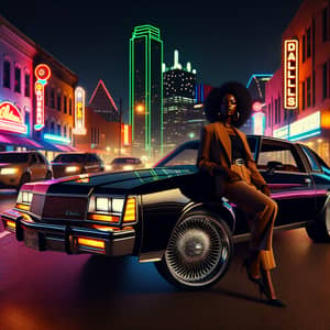 Hyper-Realistic Dallas Nightscape with African American Woman & 1986 Cutlass Supreme
