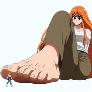 Giant Orange-Haired Woman Stepping on Small Person Manga Scene