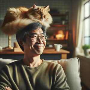 Relaxed East Asian Man with Orange Cat in Cozy Living Room