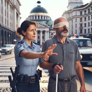Hispanic Police Officer Helping Blind Man Cross Sofia Street