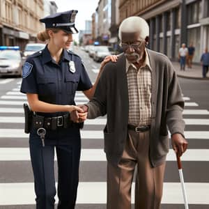 Kind Policewoman Assists Elderly Visually Impaired Man Crossing Street
