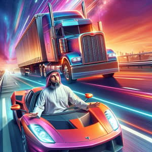 Middle-Eastern Man Speeding in Vibrant Sports Car on Multilane Highway