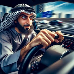 Thrilling Middle-Eastern Man Drives Fast on Busy Freeway