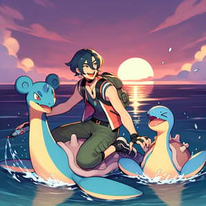 Pokemon Trainer in Sea with Corphish and Lapras