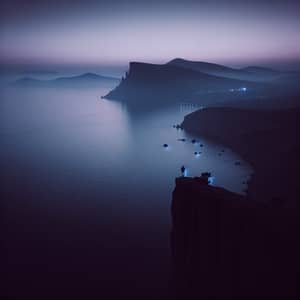 Dark Silhouette on Majestic Cliff Overlooking Lilac Hills and Ocean View