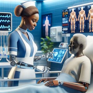 Futuristic Hospital Scene: Robotic Nurse Caring for African Male Patient