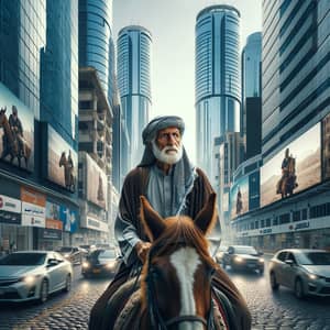 An Elderly Arab Riding a Horse in a Modern City
