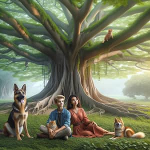 Tranquil Nature Scene: South Asian Girl and Caucasian Boy with Pets under Tree
