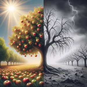 Contrast of Health and Illness: Vibrant Apple Tree vs. Wilting Tree