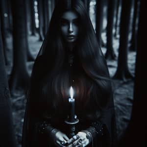 Mysterious Middle-Eastern Witch in Dark Forest with Flickering Candle