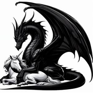 Majestic Black Dragon Cradling Serene Unicorn