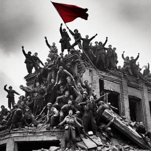 Historic Victory: Soldiers Raise Red Flag Amid Ruined Building