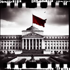Iconic Red Flag Flying Over Historic Government Building
