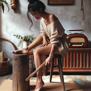 South Asian Woman Casual Seated Wooden Stool Discomfort Alleviation